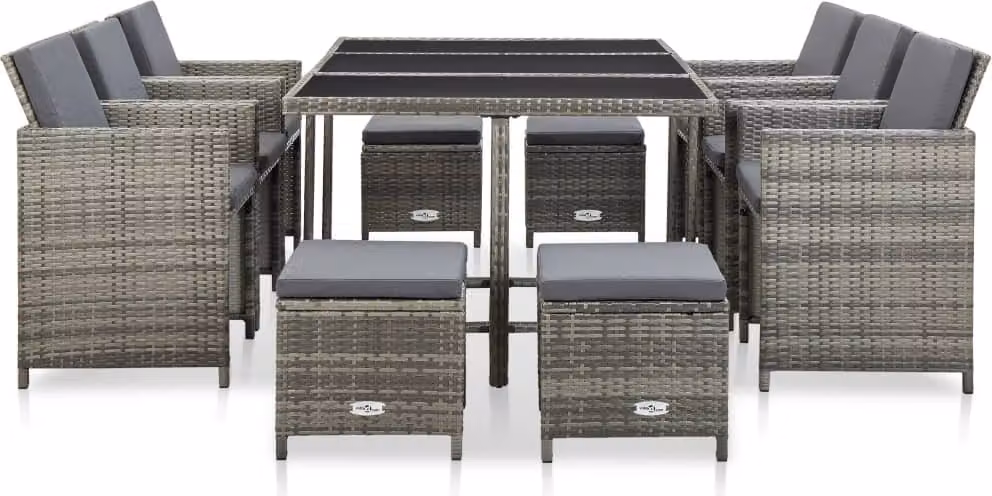 Set da Pranzo da Giardino 11 pz con Cuscini Polyrattan Grigio