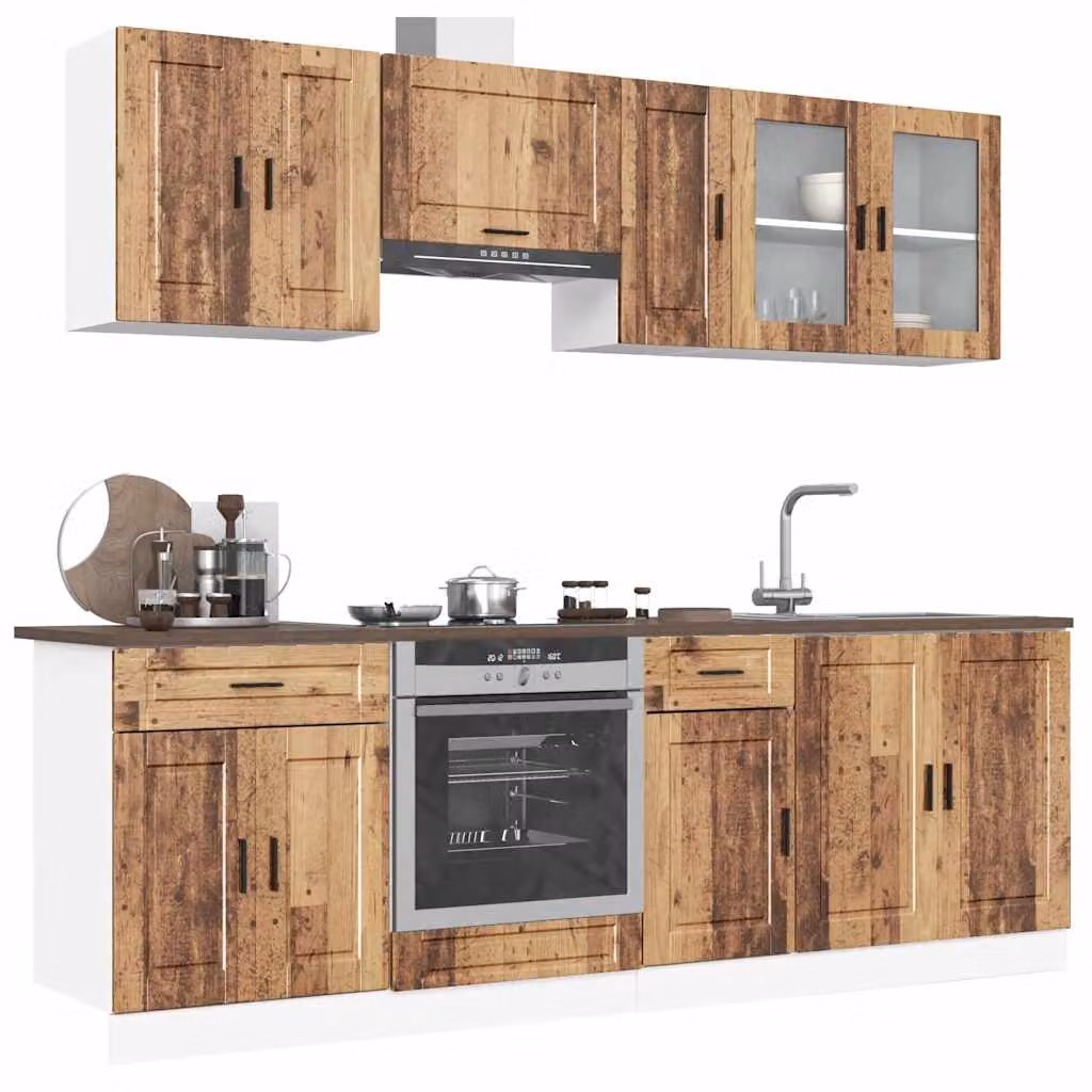 Set di mobili da cucina vidaXL Kalmar composto da 8 pezzi in stile rustico color marrone con ante in vetro e ripiani interni