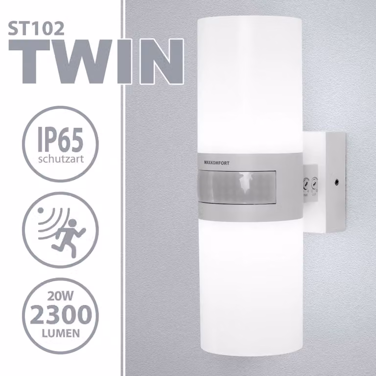 Lampada da parete esterna a LED Maxkomfort con sensore di movimento - 20W, 4000K (bianco neutro), grado di protezione IP65 (resistente agli agenti atmosferici), realizzata in alluminio bianco