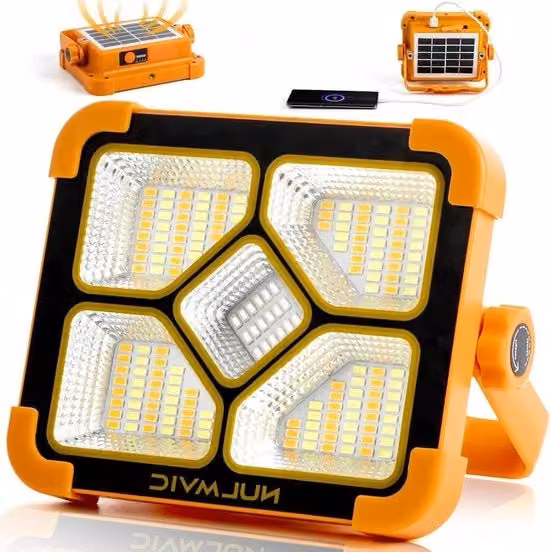 Proiettore LED da 60W con pannello solare e batteria ricaricabile, lampada da lavoro magnetica IP65 con 4 modalità di luce per uso professionale e industriale