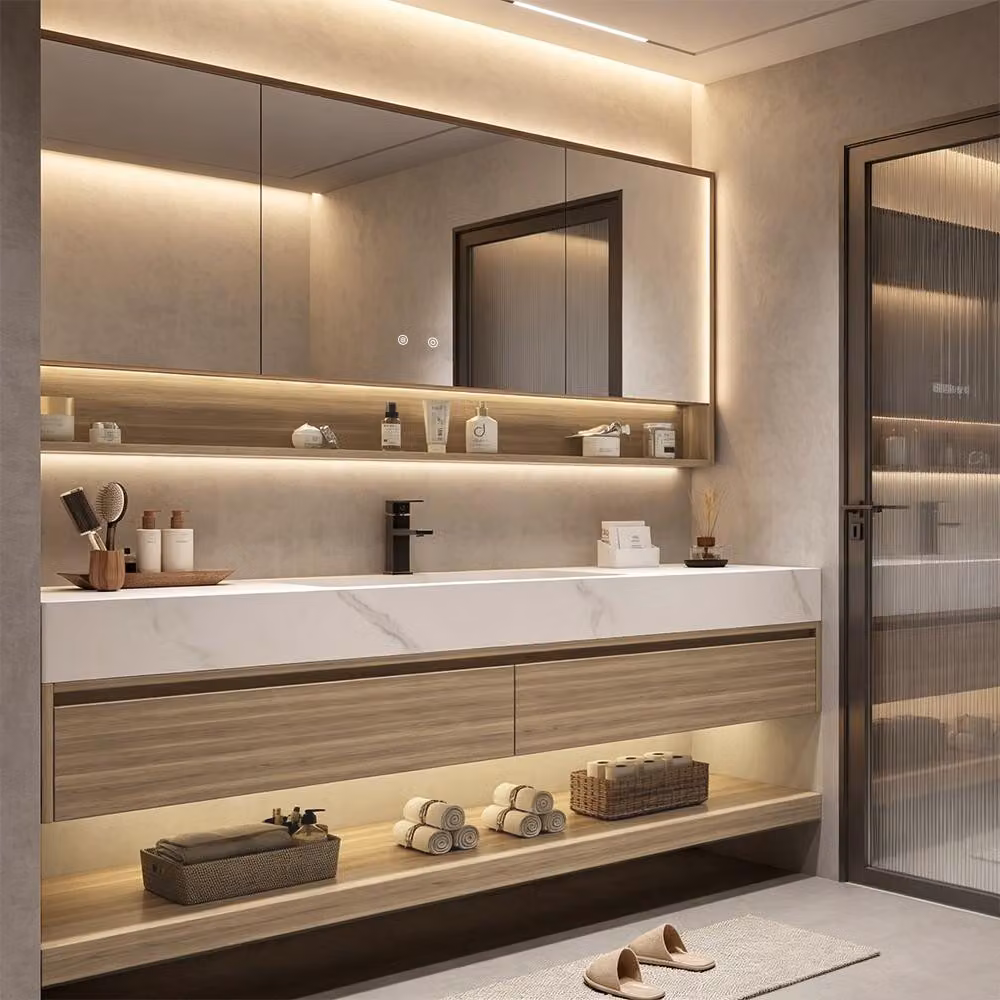 Lavabo in sinterizzata bianco, piano di lavoro con venature del legno, mobile sottolavabo, set con pensile [RW3256JG-130]
