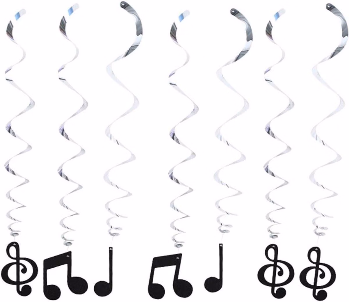 Striscioni e festoni a tema musicale - Decorazioni per feste a tema musicale - Set composto da 12 spirali argentate e 6 bandierine per torte - Striscioni lunghi 90 cm - Accessori per feste a tema musicale