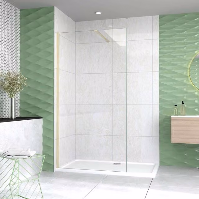 Box Doccia Walk In 100x200 cm Parete Fissa Vetro 8 mm Trasparente Anticalcare Oro Spazzolato Barra Piatta Stabilizzatrice 90 cm
