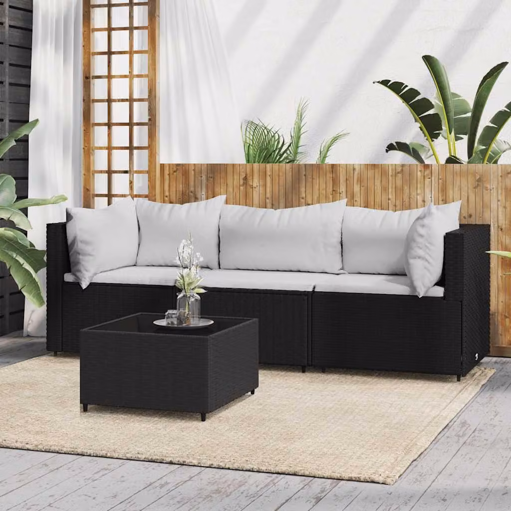 Set da giardino moderno vidaXL in polyrattan nero con divano a 3 posti, elemento angolare, tavolino da esterno e cuscini in schiuma