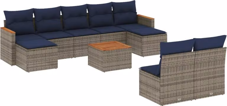 Set Divani da Giardino 10 pz con Cuscini Grigio in Polyrattan