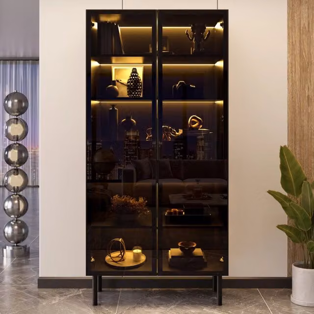 Mobile vetrina moderna Vovees Living per soggiorno in MDF nero con ante in vetro, 2 cassetti e illuminazione LED con controllo app, L: 170 cm