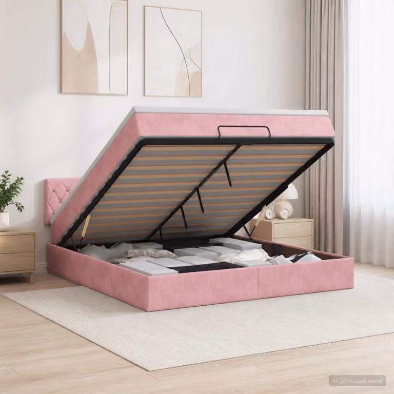 Letto Ottomano vidaXL con Materasso e Illuminazione LED in Velluto Rosa, L/P: 140 x 190 cm