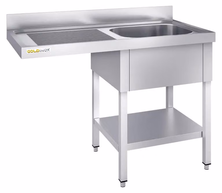 Lavello per lavastoviglie in acciaio inossidabile, con un solo vano, dimensioni 1400x600 mm, con scolapiatti a sinistra, modello PREMIUM - GOLDINOX