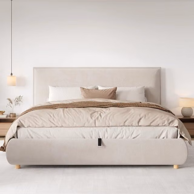 Letto contenitore 180 × 200 cm con sollevamento idraulico testiera imbottita rivestito in velluto crema
