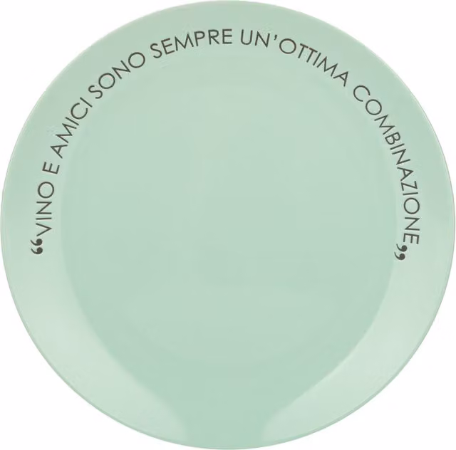 Piatto piano da portata KASANOVA in stoneware colore verde salvia con scritta, Diametro: 27 cm
