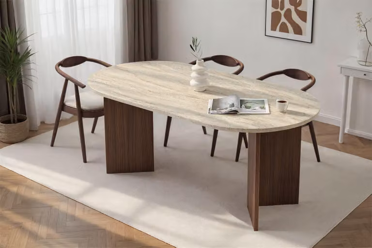 Skye Decor, tavolo da pranzo moderno, travertino e noce, 180 x 90 x 75 cm | Pannello truciolare rivestito al 100% in melamina, spessore 25 mm | Portata: 70 kg | Design elegante per la tua casa.