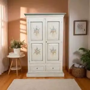 Armadio Verona KIVIO in legno bianco anticato con decorazioni floreali verdi L: 125 cm, P: 60 cm, H: 200 cm