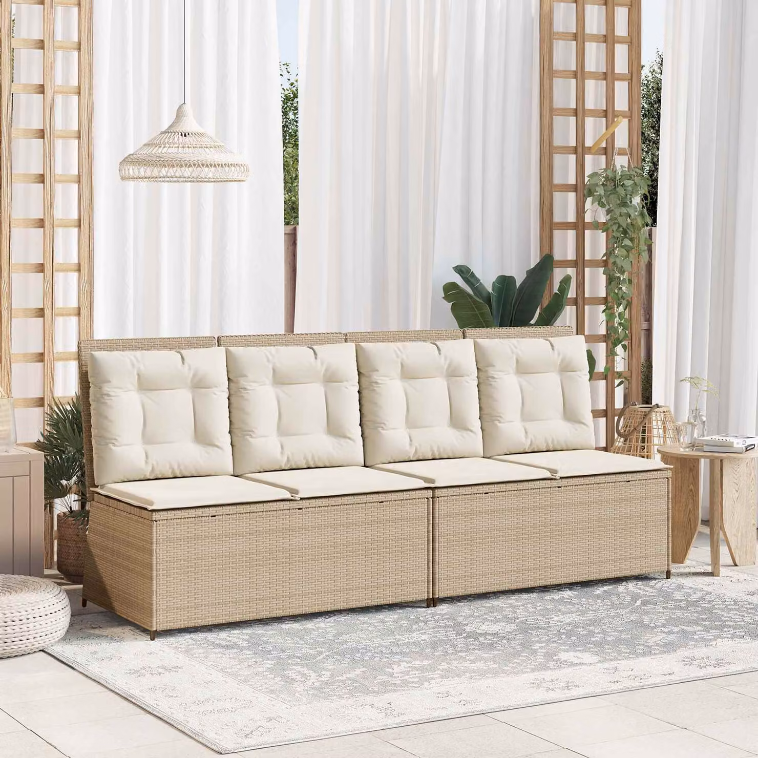 Panchina da giardino moderna vidaXL in rattan e metallo beige con braccioli