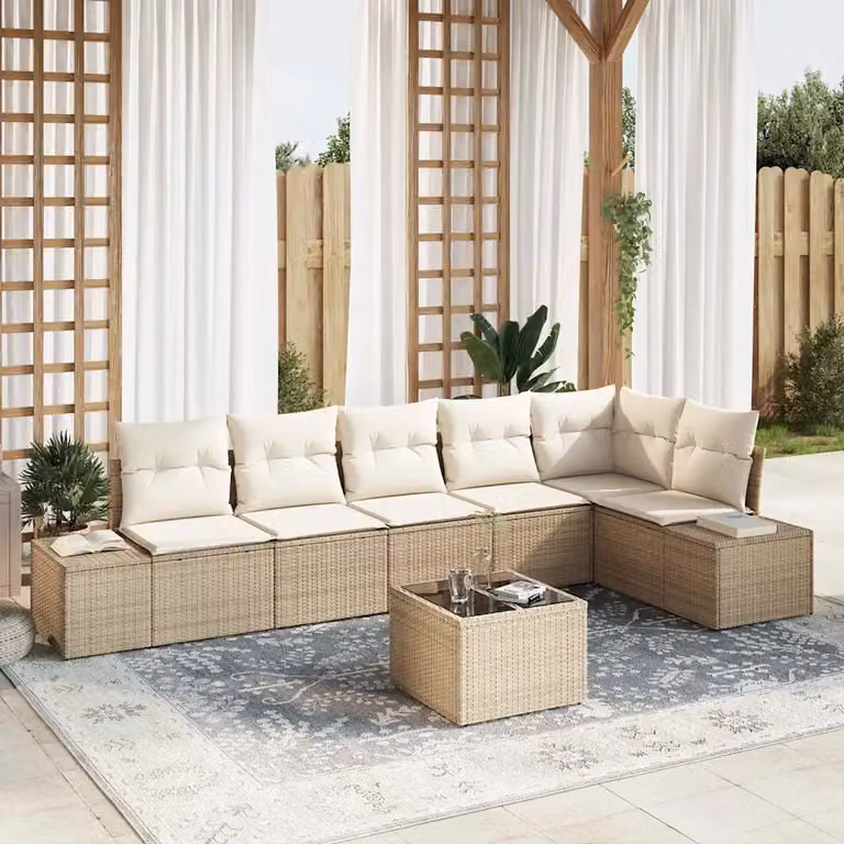 Set Divano da Giardino a L vidaXL in Polyrattan Beige e Bianco con Tavolino e Cuscini