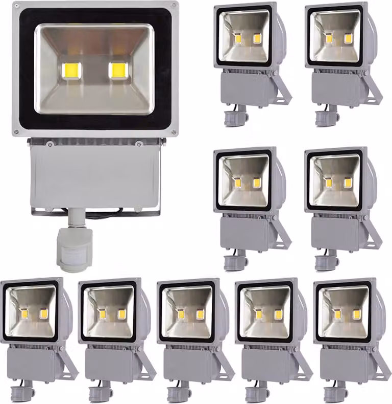 10 proiettori LED da 100 W con sensore di movimento PIR, Greenmigo, luce bianca fredda, impermeabili IP65, illuminazione di sicurezza super luminosa per giardino, cortile, magazzino, piazzale, cartellone pubblicitario