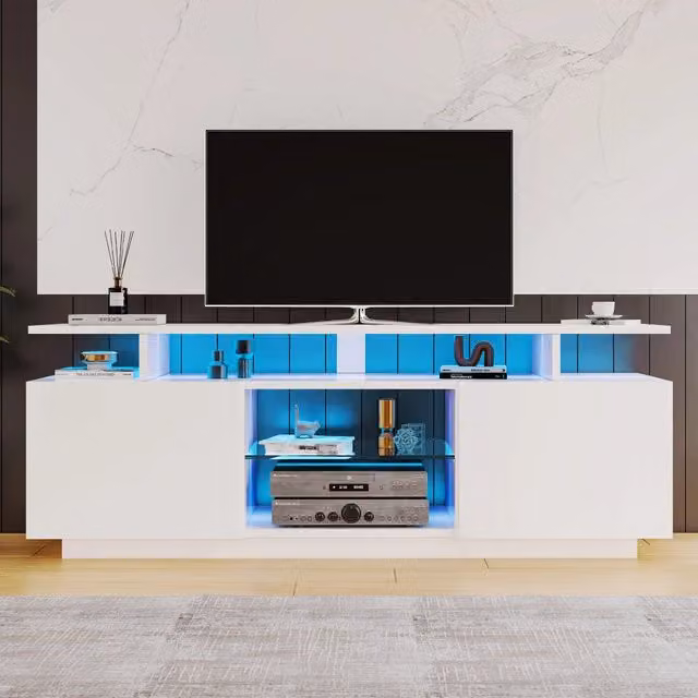 Mobile TV bianco 1,4 m per TV 60", ante lucide e ripiani in vetro, illuminazione LED a 16 colori