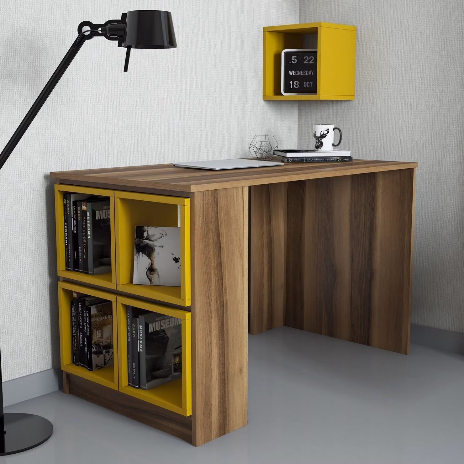 Skye Decor, Box - Walnut, Yellow, scrivania, noce, 100% pannelli truciolari rivestiti in melamina, 120 x 65 x 75 cm