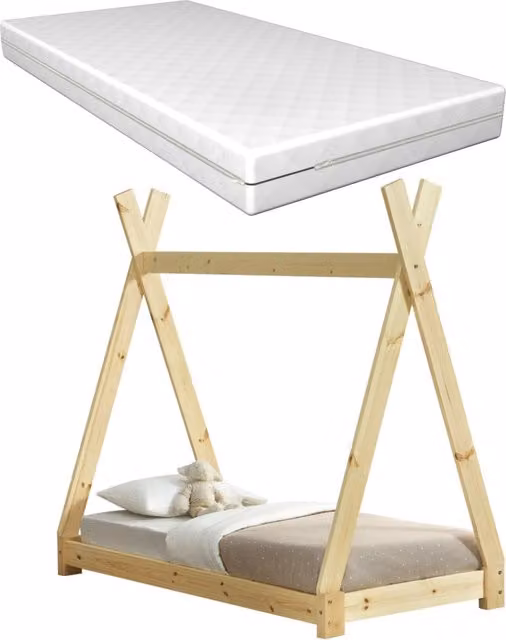 Letto per bambini neu.haus in legno di pino con materasso in schiuma fredda e fodera rimovibile Öko-Tex Standard 100 L/P/H: 140 x 70 x 76 cm – 1