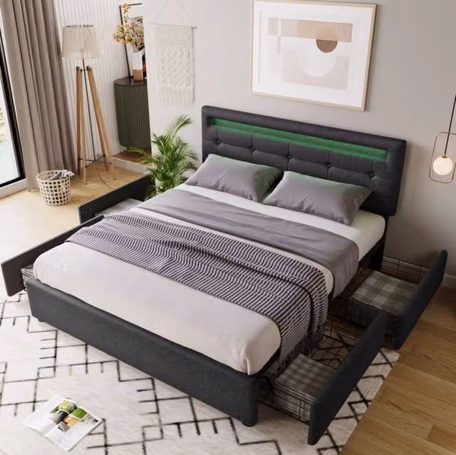 Letto imbottito con LED e 4 cassetti; testiera regolabile; rivestito in lino; per materasso 140x200 cm; grigio