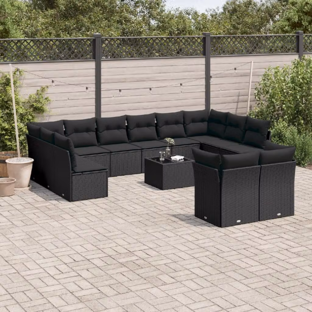 Set di divani da giardino vidaXL a forma di U in polyrattan nero con cuscini e tavolino da caffè – 1