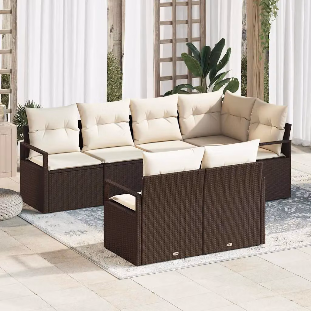 Set Divano da Giardino vidaXL 7 Pezzi a Forma di L in Polyrattan Marrone e Bianco con Cuscini e Struttura in Acciaio