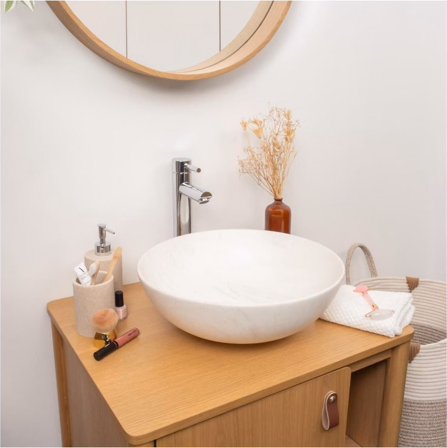 Lavabo da appoggio rotondo in Vetroceramica effetto marmo beige ROMA da 39,5 cm