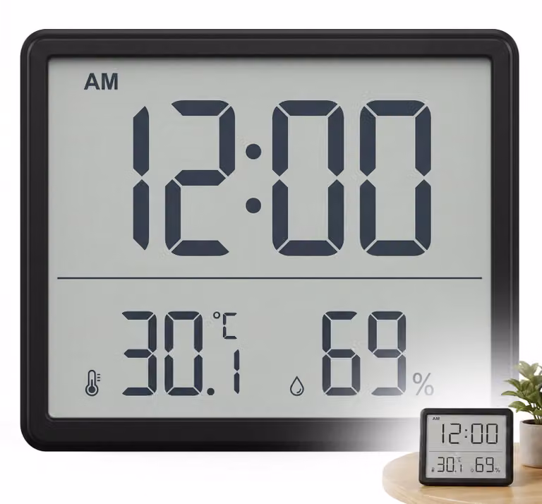 Termometro-igrometro digitale con orologio, formato 12/24 ore, colore nero