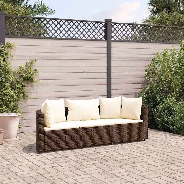 vidaXL Set Divano da Giardino 3 pz Moderno in Polyrattan Marrone e Bianco con Cuscini Imbottiti e Struttura in Acciaio Verniciato a Polvere