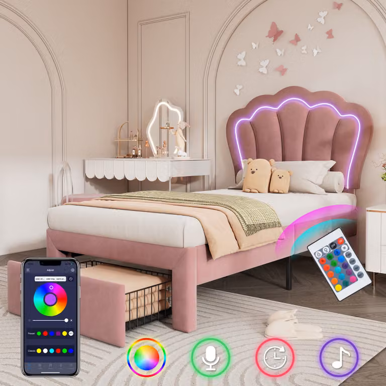 Letto imbottito Flieks 90x200cm con cassetto, letto per ragazzi con LED, letto contenitore singolo con rete a doghe e testata a forma di fiore in velluto rosa