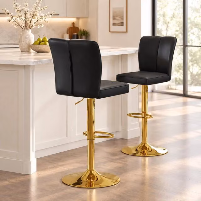 Set 2 sgabelli bar regolabili e girevoli 360° in PU nero e oro HAVRYA