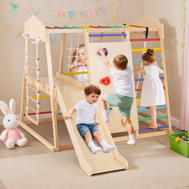 Costway Palestra da interno 8-in-1 in legno con scivolo rimovibile per bambini dai 3 anni in su, Multicolore