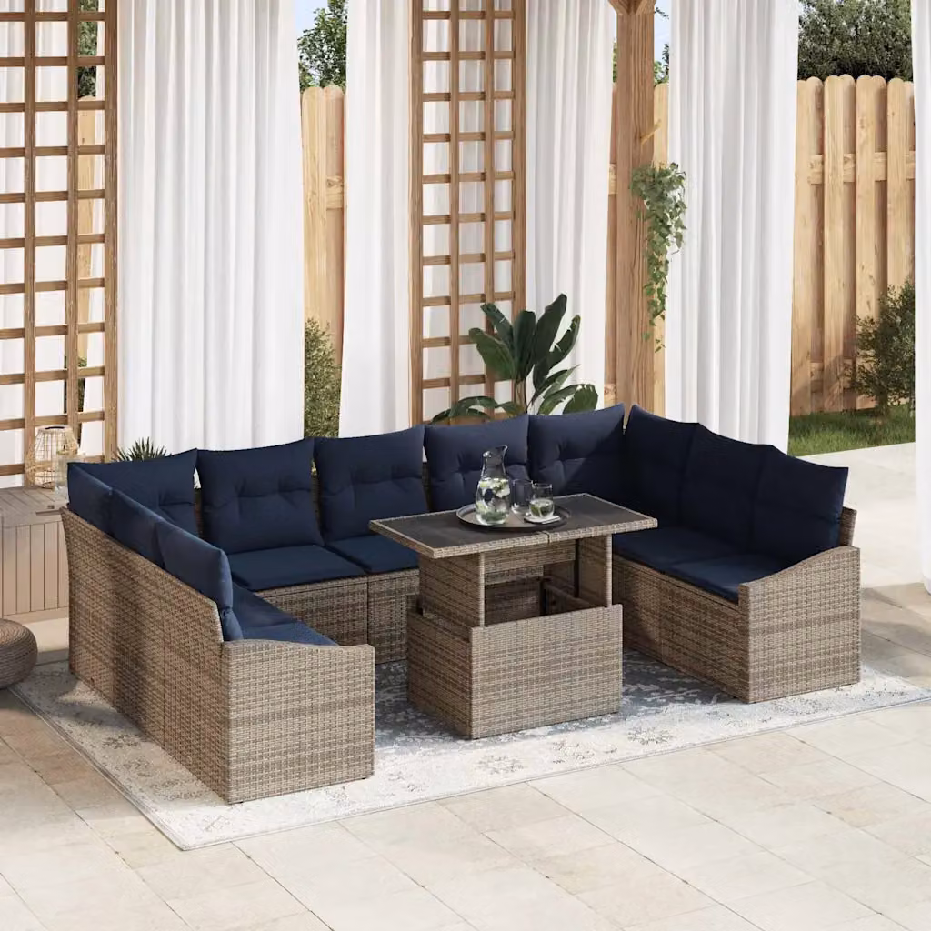 Set di divani da giardino vidaXL a 9-10 posti a forma di U in rattan con cuscini, colore nero e blu