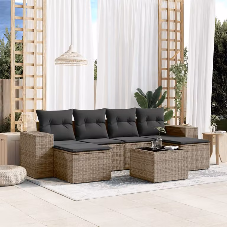 Set Divani da Giardino vidaXL 7 pz in Polyrattan Grigio con Cuscini e Tavolino