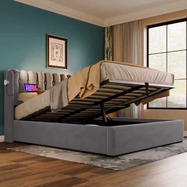 Letto singolo REDOM in velluto grigio con contenitore a sollevamento, luce da lettura e porta USB, L/P/H: 90 x 200 x 103 cm