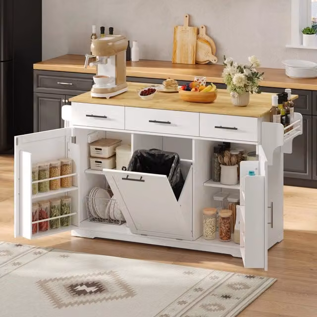 Isola da cucina mobile, carrello da cucina, credenza, piano di lavoro pieghevole, 3 cassetti, mobile con cestino dei rifiuti,, bianco e legno naturale