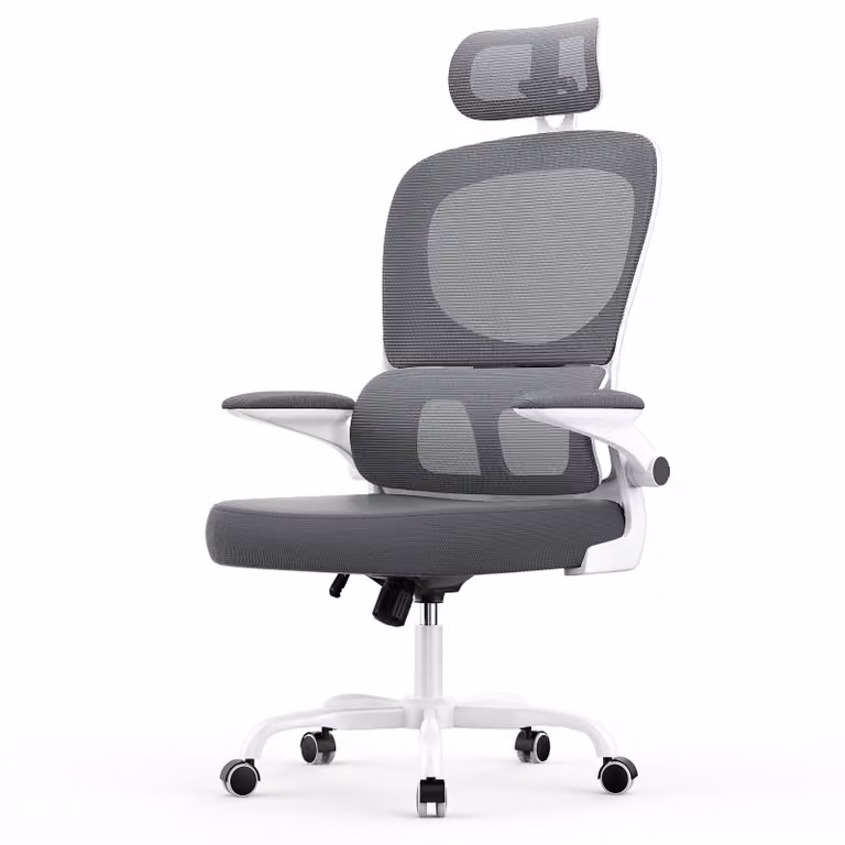 Sedia da ufficio ergonomica con poggiatesta e braccioli regolabili, schienale reclinabile a 120°, supporto lombare autoadattante, grigio scuro