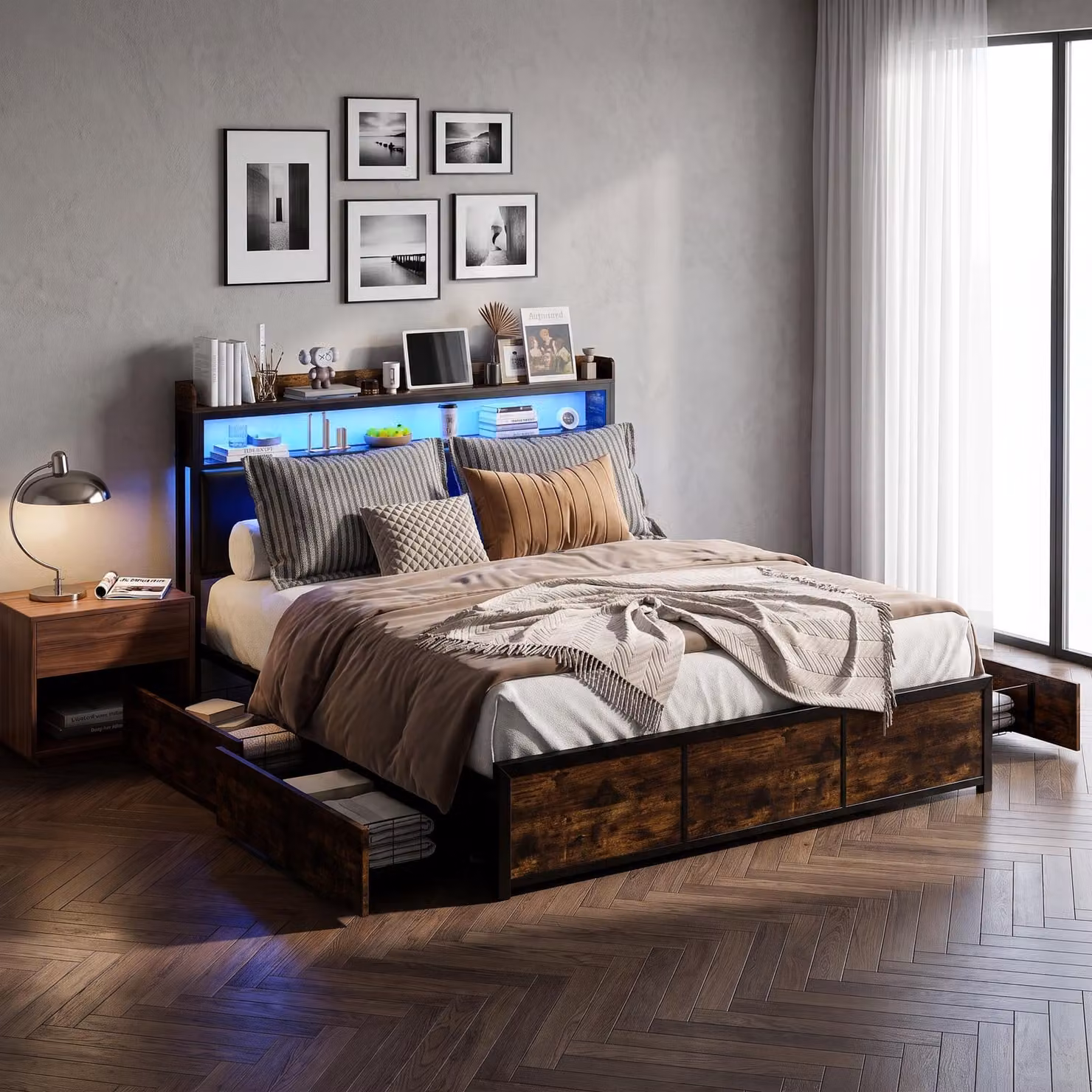Letto matrimoniale in metallo INONEFT, 140x200 cm, con spazio contenitore, letto per ragazzi/adulti, con LED e 4 cassetti, letto multifunzione con spazio contenitore e ripiano imbottito. Materiale: PU