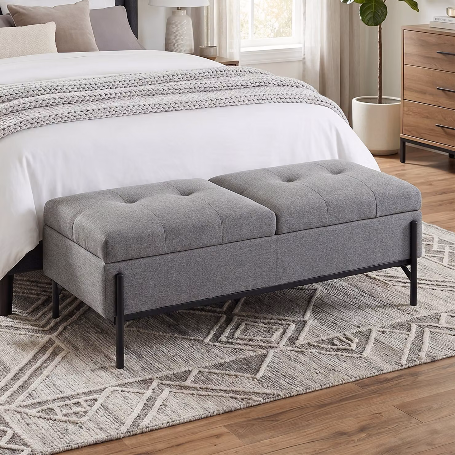Panca Contenitore HOMCOM in Lino Grigio con 2 Scomparti e Imbottitura Extra Spessa, L 117 x P 50 x H 44 cm – 2