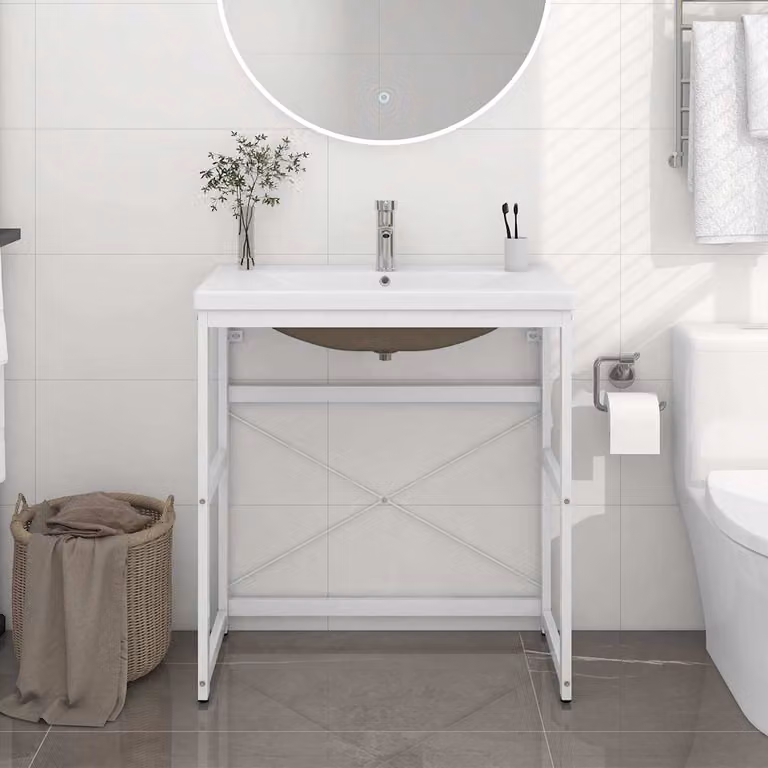 vidaXL Telaio per Lavabo da Bagno con Lavabo Integrato in Ceramica e Metallo Verniciato Bianco L: 79 cm, P: 38 cm, H: 83 cm