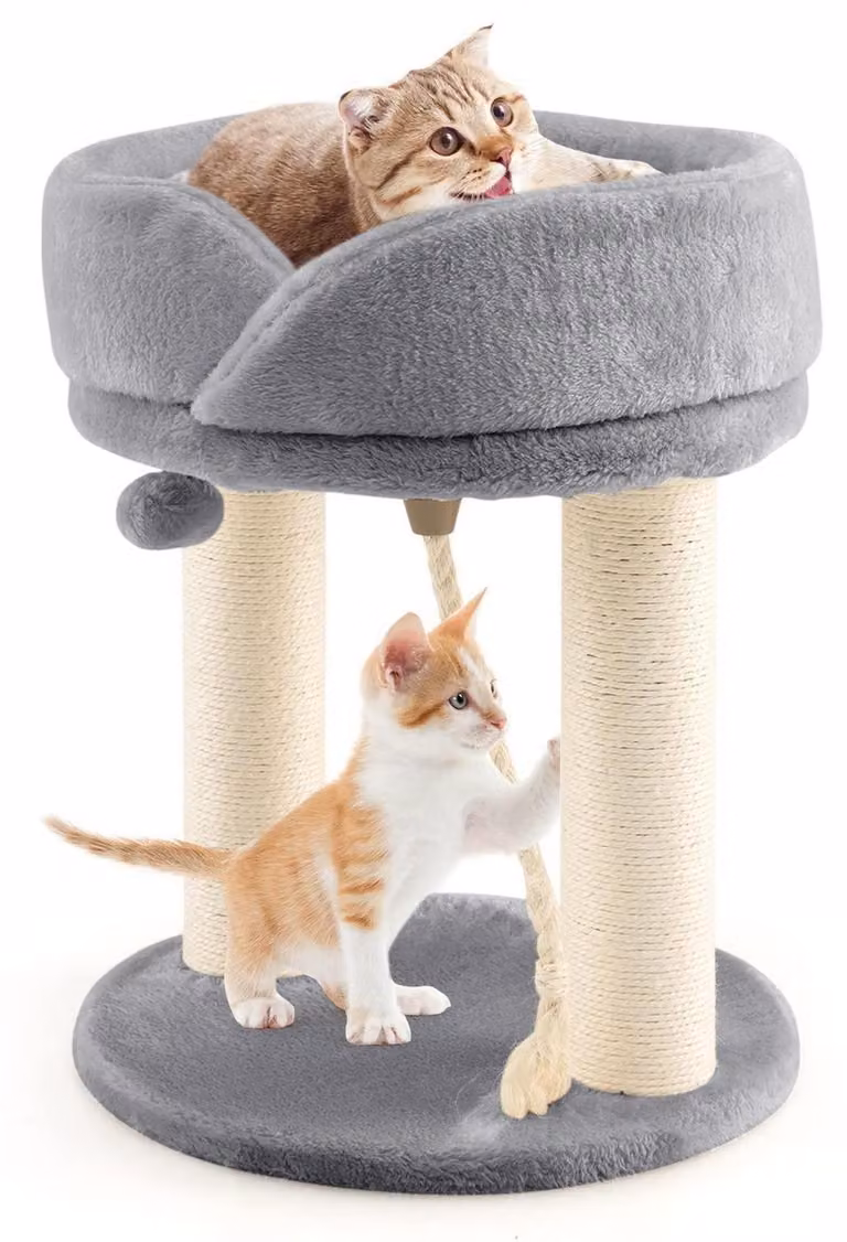 Albero per gatti alto 50,5 cm, con casetta e sfera sospesa, palo in sisal, base rinforzata, colore grigio