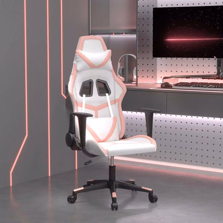 Sedia da Gaming vidaXL in Similpelle Bianco e Rosa con Poggiatesta e Ruote, Reclinabile e Girevole 360°