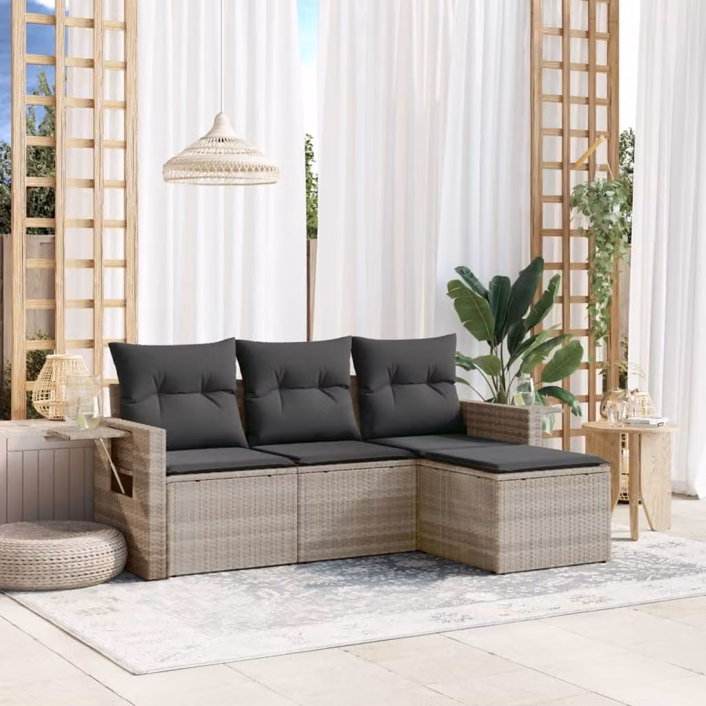 vidaXL Set Divano da Giardino a L in Polyrattan Grigio con Cuscini e Tavolino da Esterno – 1