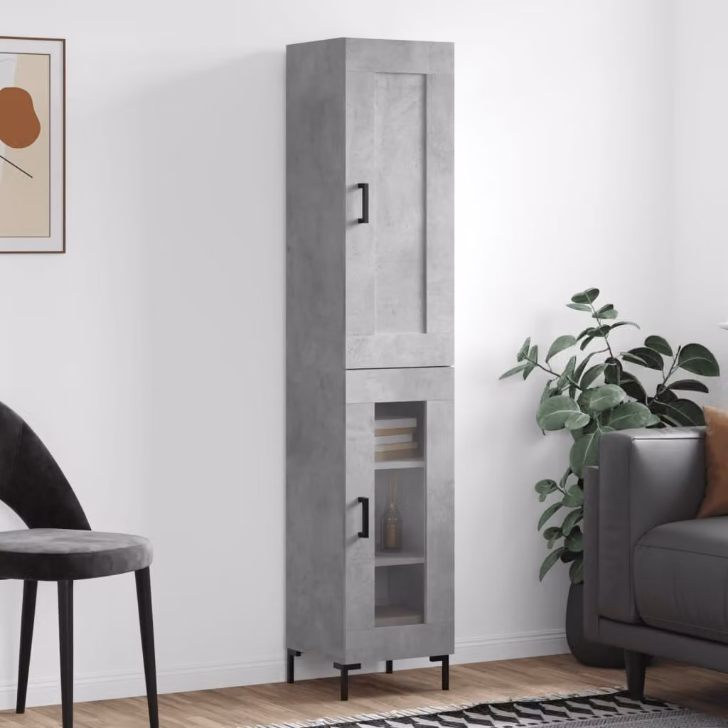 Credenza moderna vidaXL in legno, metallo e vetro con ante in vetro, colore grigio, L: 34,5 cm, P: 34 cm, H: 180 cm