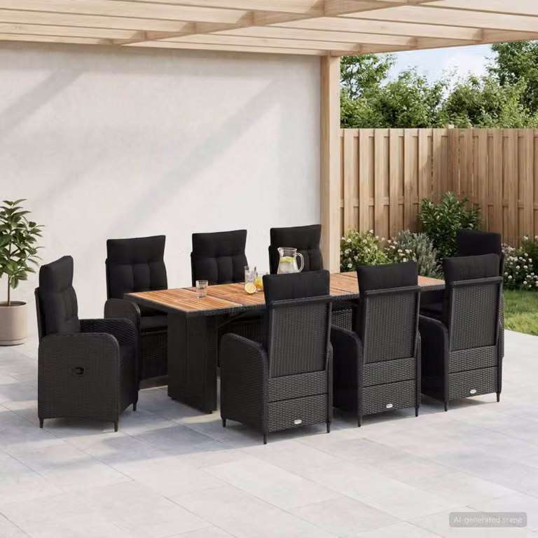 Set da pranzo per esterni vidaXL in polyrattan e legno di acacia nero, 9 pezzi