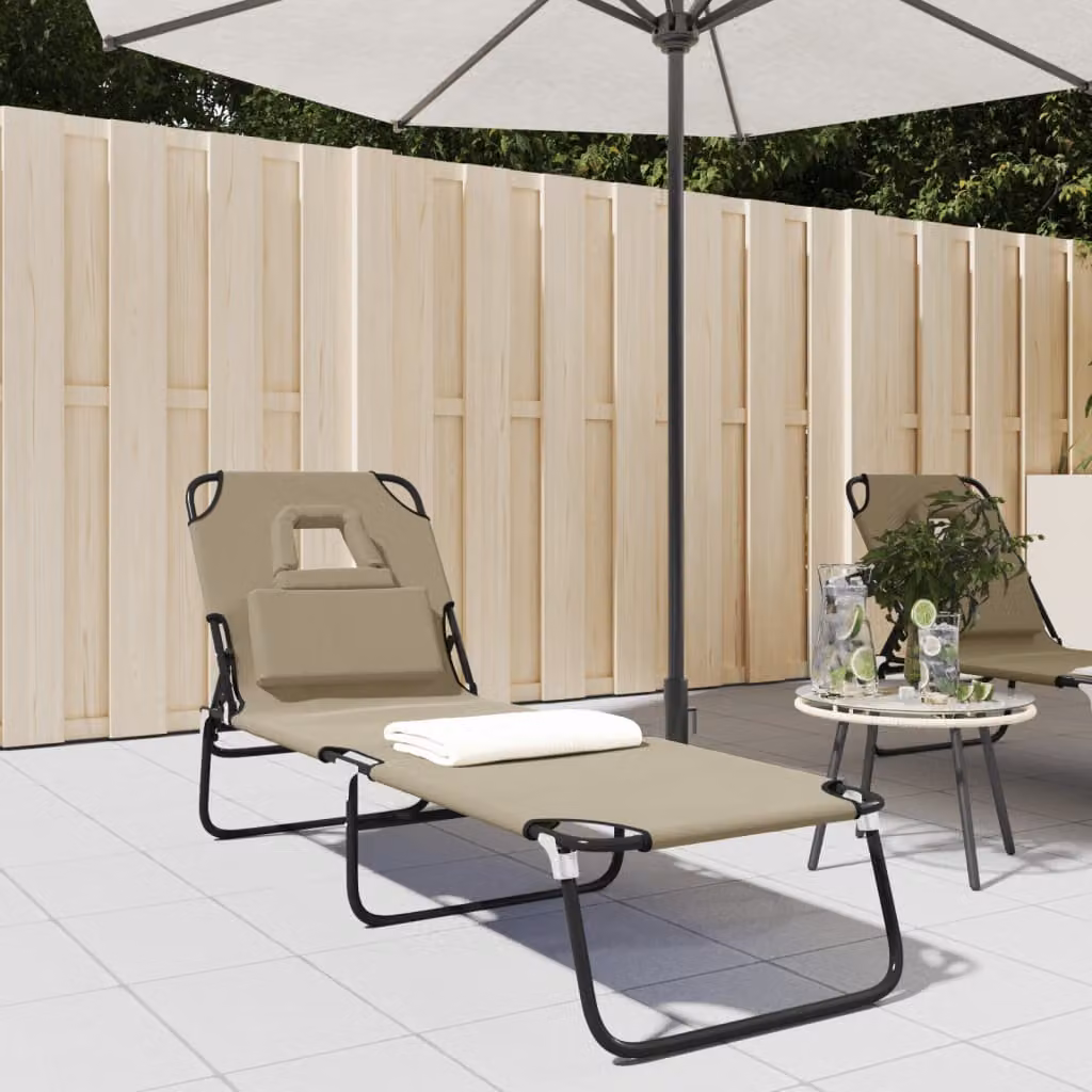 vidaXL Lettino Prendisole Pieghevole con Poggiatesta Regolabile in Acciaio e Tessuto Oxford Grigio e Beige