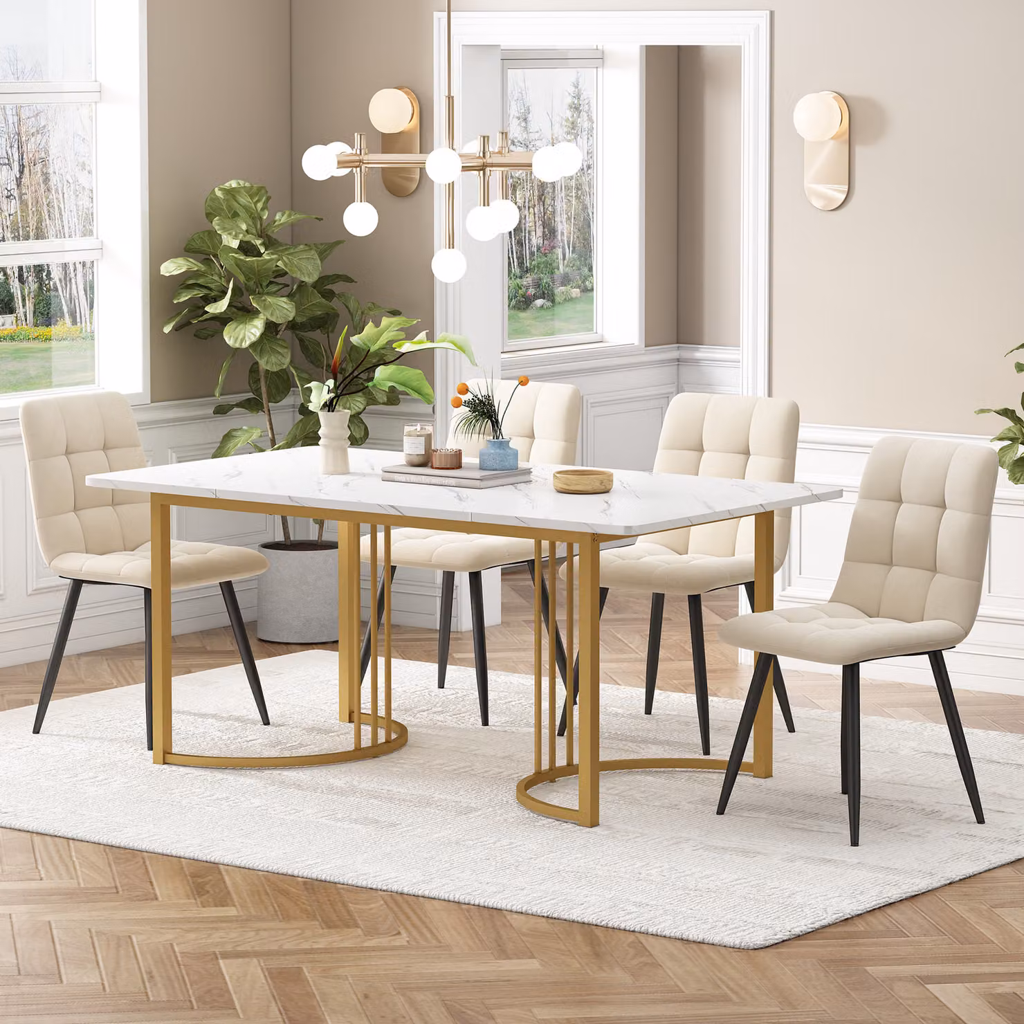 Set da pranzo Sweiko (5 pezzi), set tavolo da pranzo con 4 sedie, set tavolo da cucina moderno, tavolo da cucina 140×80 cm con gambe in metallo dorato, piano tavolo in MDF bianco, sedie da pranzo in velluto beige