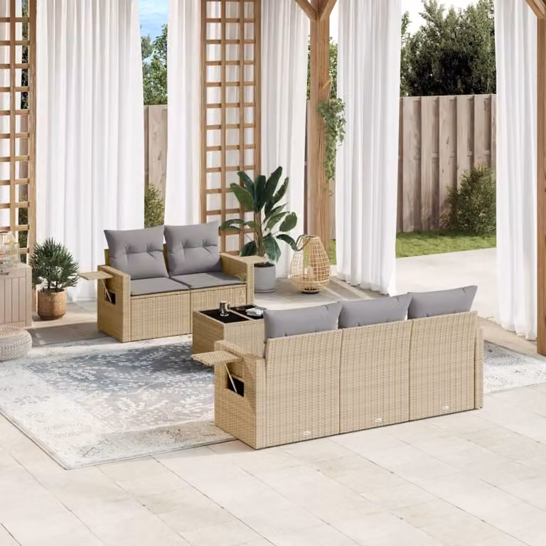 Set Divano da Giardino vidaXL 6 pz in Polyrattan Beige con Cuscini e Tavolino da Caffè