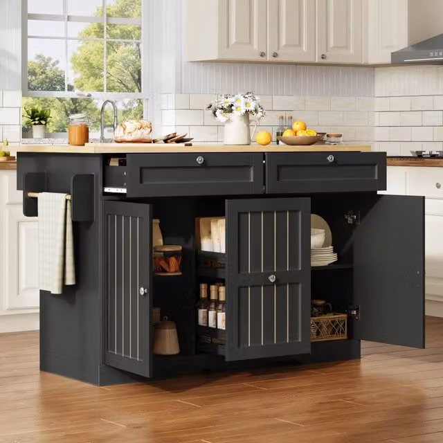 Isola cucina mobile pieghevole WISHDOR con piano estensibile, 2 cassetti verticali, 2 cassetti grandi e ruote frenanti, colore nero, L/P/H: 120 x 55 x 92 cm