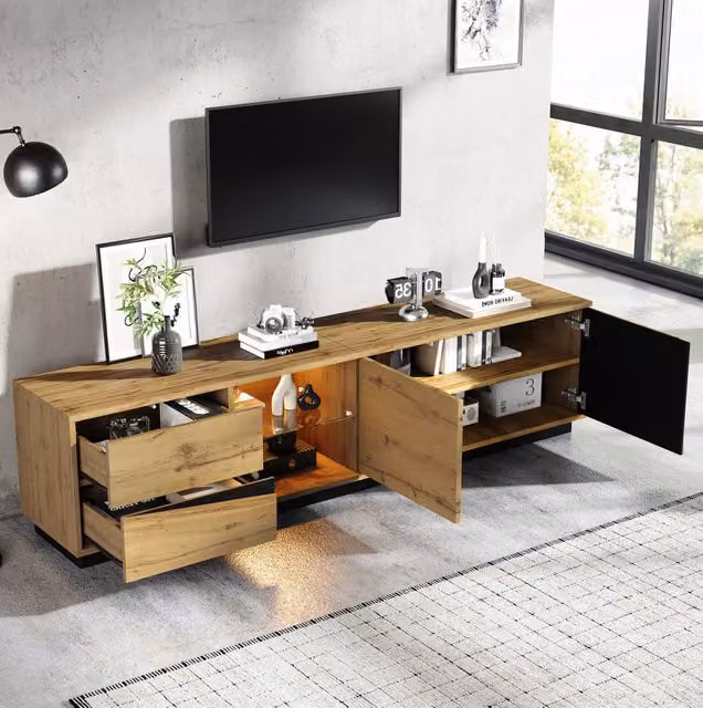 Mobile TV 180x35x45 cm in MDF con LED; 2 cassetti; 2 ante e ripiano in vetro