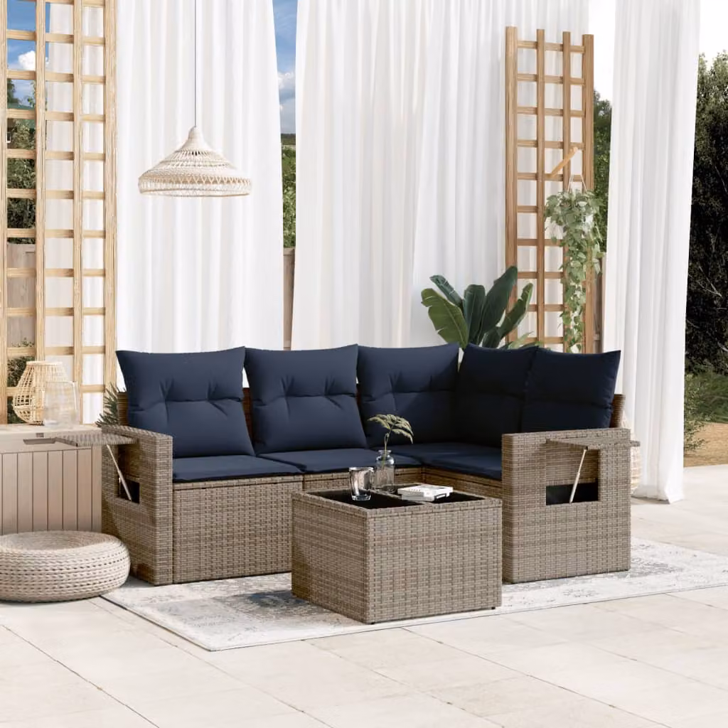 Set Divani da Giardino vidaXL 5 Pezzi in Polyrattan Grigio con Cuscini e Tavolino da Esterno a Forma di L